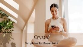  Presentation with white - PPT theme enhanced with young-white-woman-using-mobile background and a  colored foreground