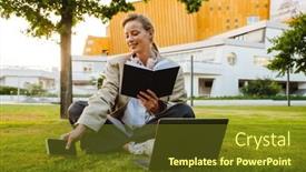  Presentation with note book - Presentation featuring young-white-woman-using-note background and a tawny brown colored foreground
