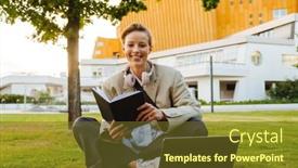  Presentation with note book - Theme consisting of young-white-woman-using-note background and a tawny brown colored foreground