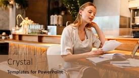  Presentation with paperwork - Presentation design enhanced with young-white-woman-wearing-apron background and a  colored foreground