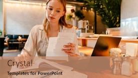  Presentation with paperwork - Slide deck enhanced with young-white-woman-wearing-apron background and a coral colored foreground