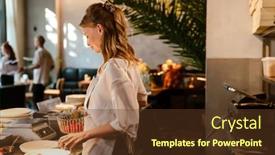  Presentation with restaurant kitchen - Presentation consisting of young-white-woman-wearing-apron background and a tawny brown colored foreground