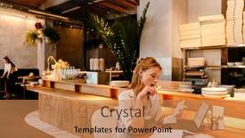  Presentation with paperwork - Presentation theme with young-white-woman-wearing-apron background and a coral colored foreground