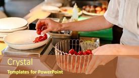  Presentation with restaurant kitchen - Presentation design having young-white-woman-wearing-apron background and a red colored foreground