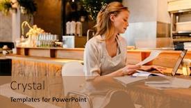  Presentation with paperwork - PPT theme enhanced with young-white-woman-wearing-apron background and a coral colored foreground