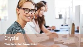  Presentation with white - Amazing theme having young white woman with headset backdrop and a coral colored foreground