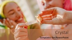  Presentation with fortune cookie - Cool new PPT theme with young-white-women-smiling backdrop and a coral colored foreground