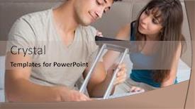  Presentation with supporting - Audience pleasing PPT theme consisting of young-wife-supporting-husband backdrop and a mint green colored foreground