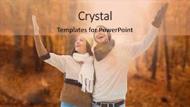  Presentation with forest winter - Presentation theme having young winter couple against autumnal forest background and a coral colored foreground