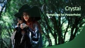  Presentation with gloomy - Audience pleasing PPT theme consisting of young witch in gloomy forest backdrop and a tawny brown colored foreground