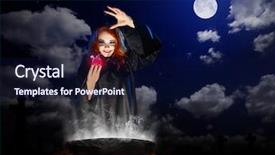  Presentation with night sky - Colorful presentation design enhanced with young witch with red potion and cauldron at night sky background backdrop and a navy blue colored foreground