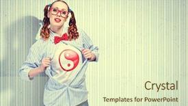  Presentation with hero woman - PPT layouts consisting of young woman acting like super hero with yin yang sign on chest background and a soft green colored foreground
