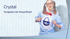  Presentation with hero woman - Audience pleasing slides consisting of young woman acting like super hero with lock sign on chest backdrop and a sky blue colored foreground