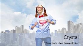  Presentation with hero woman - Colorful slide deck enhanced with young woman acting like super hero with heart sign on chest backdrop and a light blue colored foreground