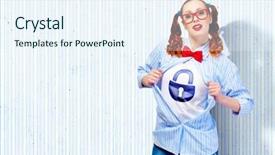  Presentation with hero woman - Theme having young woman acting like super hero with lock sign on chest background and a sky blue colored foreground