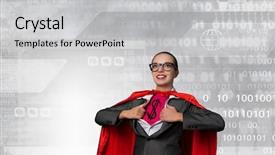  Presentation with hero woman - Amazing presentation design having young woman acting like super backdrop and a light gray colored foreground