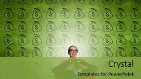  Presentation with hero woman - Amazing slide deck having young woman acting like super backdrop and a yellow colored foreground