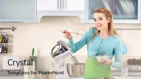  Presentation with processor - Presentation theme consisting of young woman adding flour to a food processor to male a dough background and a soft green colored foreground