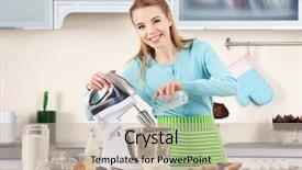  Presentation with processor - PPT theme with young woman adding milk to a food processor to male a dough background and a mint green colored foreground