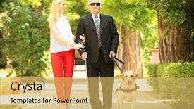  Presentation with guide dog - Cool new presentation theme with young woman and blind man backdrop and a yellow colored foreground