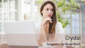  Presentation with notebook - Colorful slide deck enhanced with young woman and computer notebook backdrop and a  colored foreground