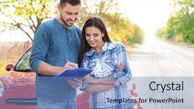  Presentation with business woman standing on maze - Audience pleasing theme consisting of young woman and driving instructor backdrop and a teal colored foreground