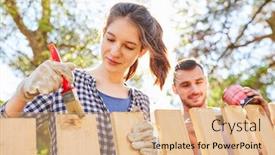  Presentation with garden - PPT theme having young-woman-and-friend-together background and a lemonade colored foreground