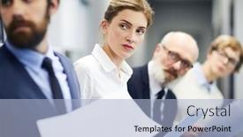  Presentation with waiting - Cool new PPT theme with young-woman-and-group backdrop and a light blue colored foreground