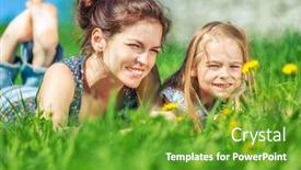  Presentation with yellow green - Amazing PPT theme having young-woman-and-her-daughter backdrop and a tawny brown colored foreground