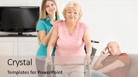  Presentation with elderly people walking difficulties - Colorful PPT theme enhanced with young woman and her elderly backdrop and a soft green colored foreground