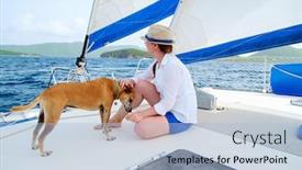 Presentation with luxury yacht - Presentation theme consisting of young woman and her pet dog sailing on a luxury yacht or catamaran boat background and a light blue colored foreground