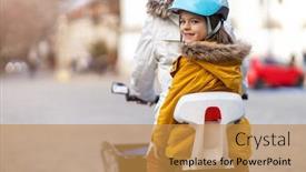  Presentation with bicycle - Beautiful PPT theme featuring young-woman-and-her-son backdrop and a gold colored foreground