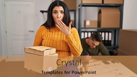  Presentation with woman covering man mouth hand - Slides enhanced with young-woman-and-man-working background and a  colored foreground