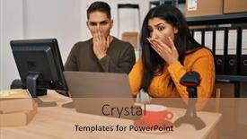  Presentation with woman covering man mouth hand - Slides consisting of young-woman-and-man-working background and a  colored foreground