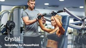  Presentation with flexing - Beautiful PPT theme featuring young woman and personal trainer backdrop and a dark gray colored foreground