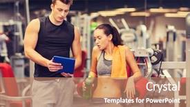  Presentation with elderly people and exercise - Colorful PPT theme enhanced with young woman and personal trainer backdrop and a coral colored foreground