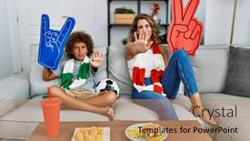  Presentation with hooligan - Presentation theme consisting of young-woman-and-son-football background and a coral colored foreground