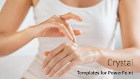  Presentation with cream - PPT layouts having young-woman-applying-hand-cream background and a soft green colored foreground