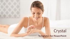  Presentation with woman covering man mouth hand - Presentation design having young woman applying hand cream background and a lemonade colored foreground