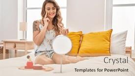  Presentation with makeup - Slides consisting of young-woman-applying-makeup-sitting background and a  colored foreground