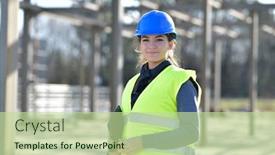  Presentation with apprentice - PPT theme having young-woman-apprentice-standing background and a mint green colored foreground