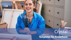  Presentation with art - Presentation design consisting of young-woman-artist-holding-paintbrushes and a ocean colored foreground