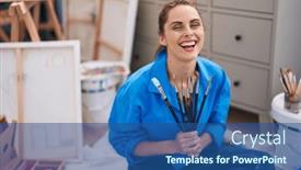  Presentation with art - PPT layouts consisting of young-woman-artist-holding-paintbrushes and a ocean colored foreground