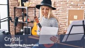  Presentation with music studio - Theme with young-woman-artist-holding-ukelele background and a ocean colored foreground