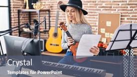  Presentation with music studio - Theme featuring young-woman-artist-holding-ukelele background and a ocean colored foreground