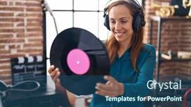  Presentation with listening woman - Slide set with young-woman-artist-listening background and a  colored foreground