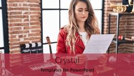  Presentation with music studio - Presentation design having young-woman-artist-reading-music background and a red colored foreground