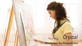 Presentation with creativity - PPT theme consisting of young woman artist with easel background and a lemonade colored foreground