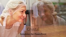  Presentation with apprentice - Presentation theme having young-woman-as-a-baker background and a coral colored foreground