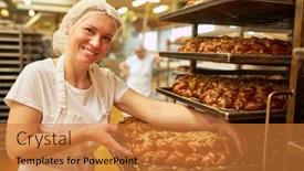  Presentation with apprentice - PPT theme with young-woman-as-a-baker background and a gold colored foreground
